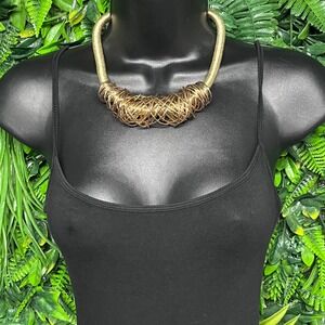 Gold Tone Statement Collar Necklace Wrapped Cord Tangled Wire Nest Bold 3788